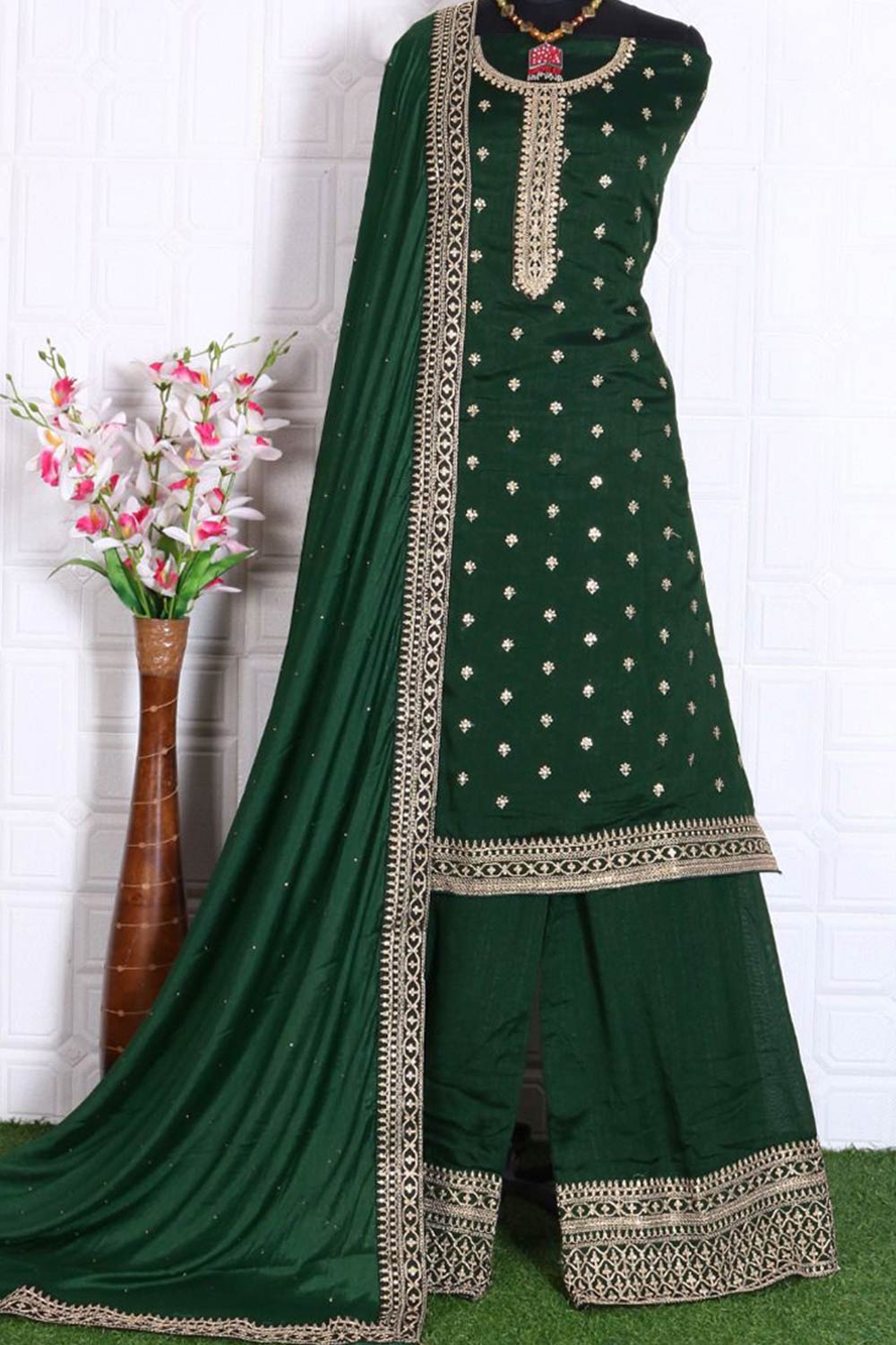 Buy Georgette Resham Embroidered Dress Material in Dark Green - Back