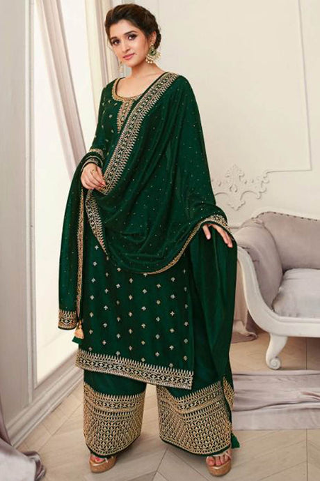 Buy Georgette Resham Embroidered Dress Material in Dark Green