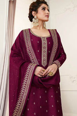 Buy Georgette Resham Embroidered Dress Material in Maroon - Front