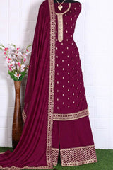 Buy Georgette Resham Embroidered Dress Material in Maroon - Back