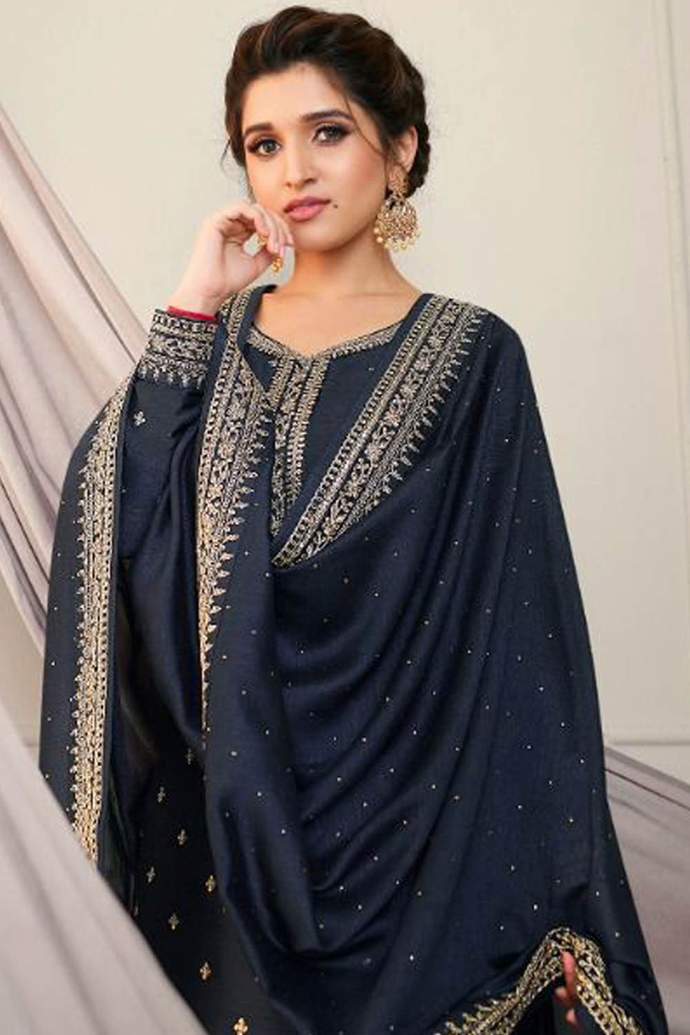 Buy Georgette Resham Embroidered Dress Material in Navy Blue - Front