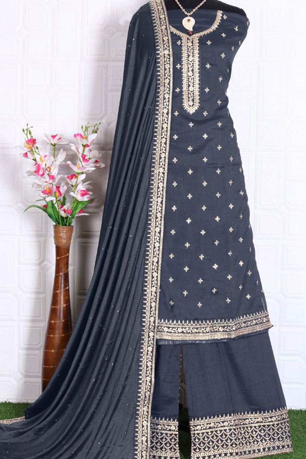 Buy Georgette Resham Embroidered Dress Material in Navy Blue - Back