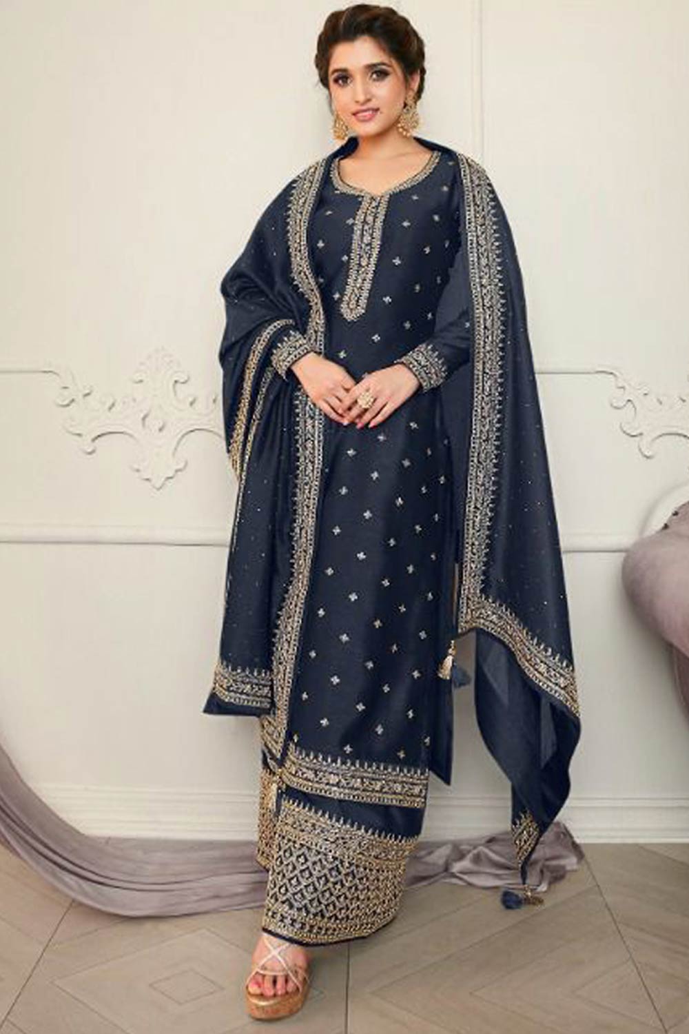 Buy Georgette Resham Embroidered Dress Material in Navy Blue