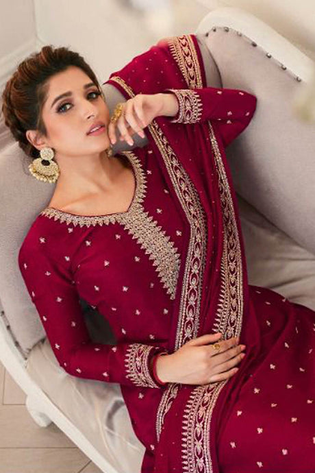 Buy Georgette Resham Embroidered Dress Material in Maroon - Front