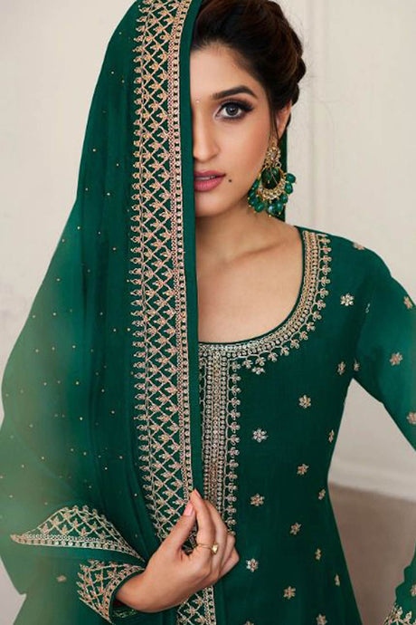 Buy Georgette Resham Embroidered Dress Material in Green - Front
