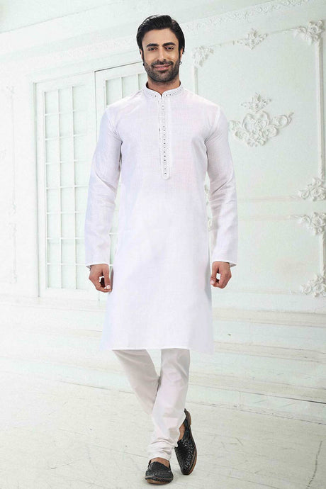 Buy Men's Off White Linen Cotton Thread Work Kurta Pajama Set  Online