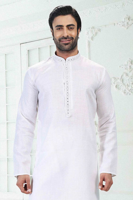 Buy Men's Off White Linen Cotton Thread Work Kurta Pajama Set  Online - Back