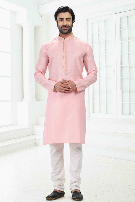Buy Men's Pink Linen Cotton Thread Work Kurta Pajama Set  Online