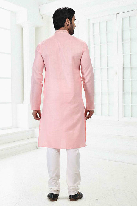 Buy Men's Pink Linen Cotton Thread Work Kurta Pajama Set  Online - Back