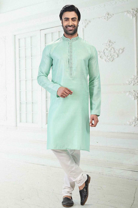 Buy Men's Pista Green Linen Cotton Thread Work Kurta Pajama Set  Online