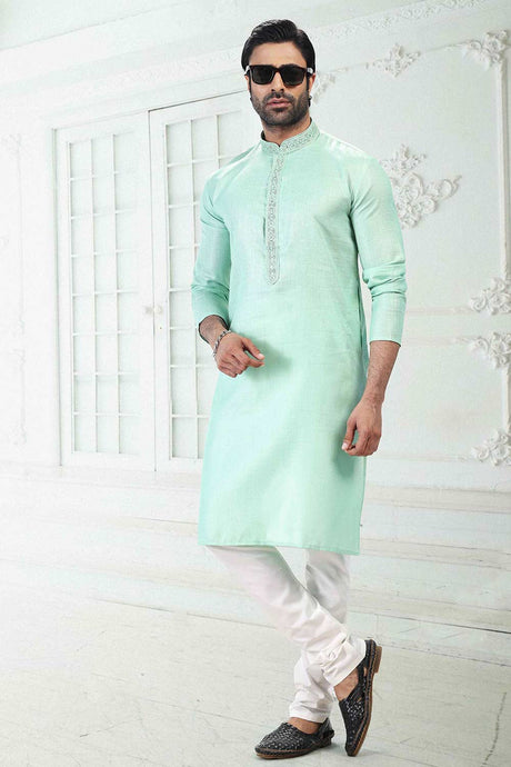 Buy Men's Pista Green Linen Cotton Thread Work Kurta Pajama Set  Online - Back