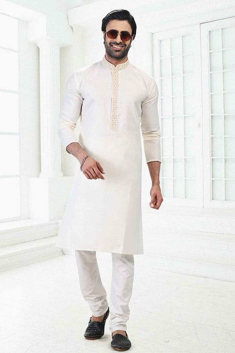 Buy Men's Cream Linen Cotton Thread Work Kurta Pajama Set  Online