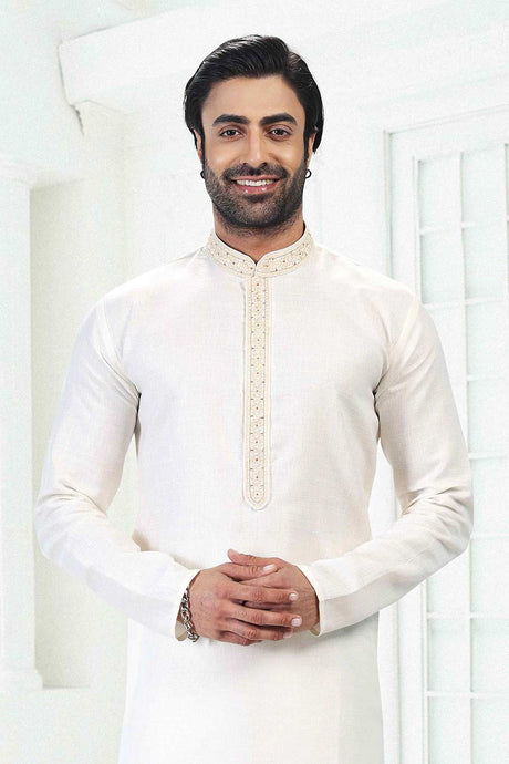Buy Men's Cream Linen Cotton Thread Work Kurta Pajama Set  Online - Back