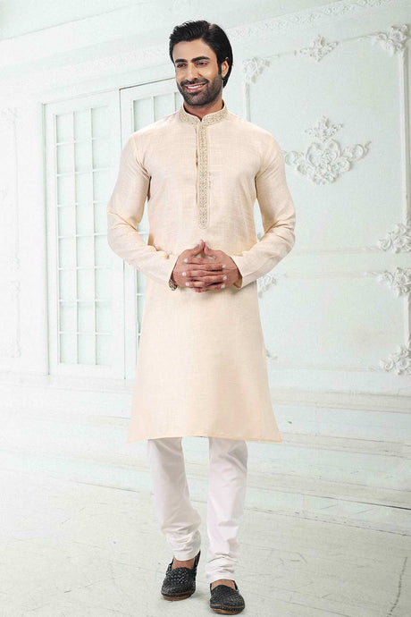 Buy Men's Beige Linen Cotton Thread Work Kurta Pajama Set  Online