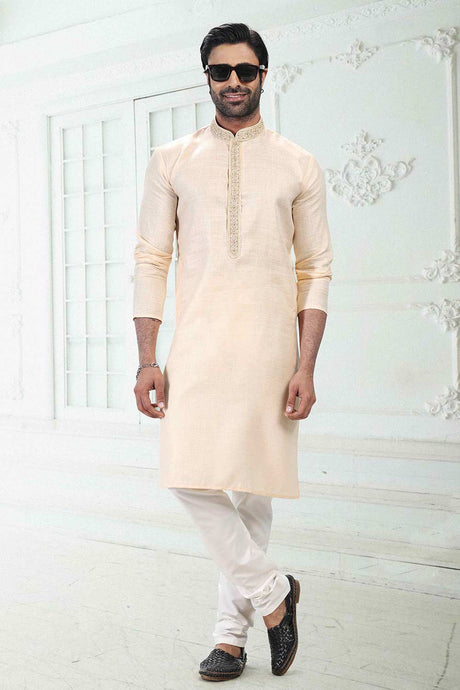 Buy Men's Beige Linen Cotton Thread Work Kurta Pajama Set  Online - Back