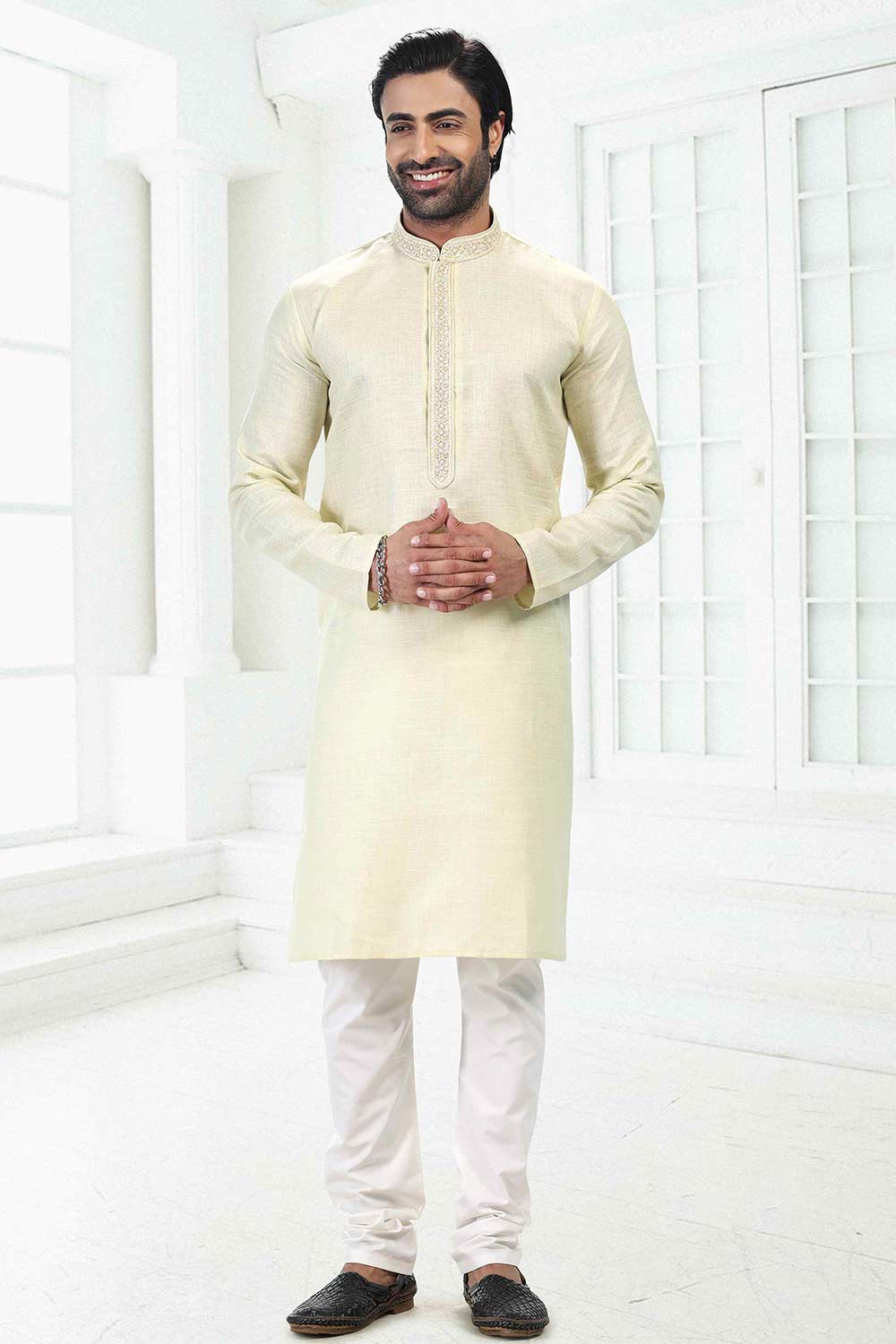 Buy Men's Pista Green Linen Cotton Thread Work Kurta Pajama Set  Online