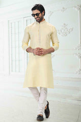 Buy Men's Yellow Linen Cotton Thread Work Kurta Pajama Set  Online