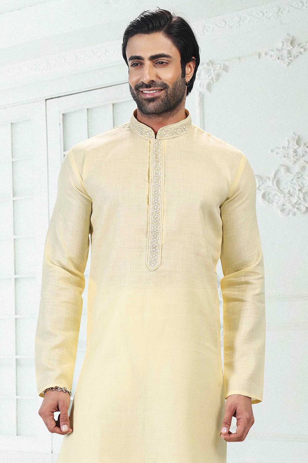 Buy Men's Yellow Linen Cotton Thread Work Kurta Pajama Set  Online - Back