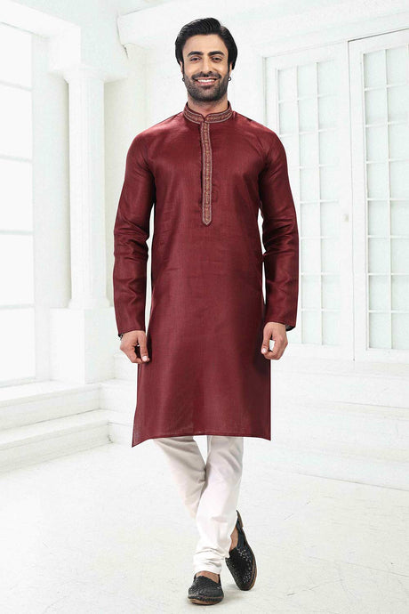 Buy Men's Maroon Linen Cotton Thread Work Kurta Pajama Set  Online