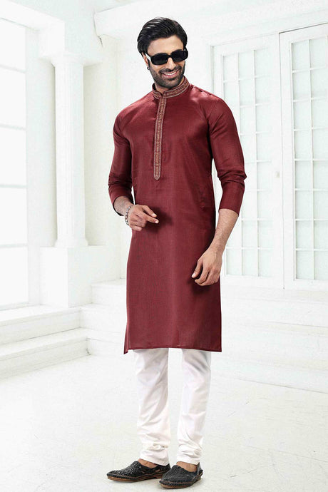 Buy Men's Maroon Linen Cotton Thread Work Kurta Pajama Set  Online - Back