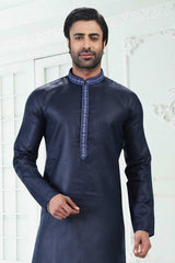 Buy Men's Blue Linen Cotton Thread Work Kurta Pajama Set  Online - Back