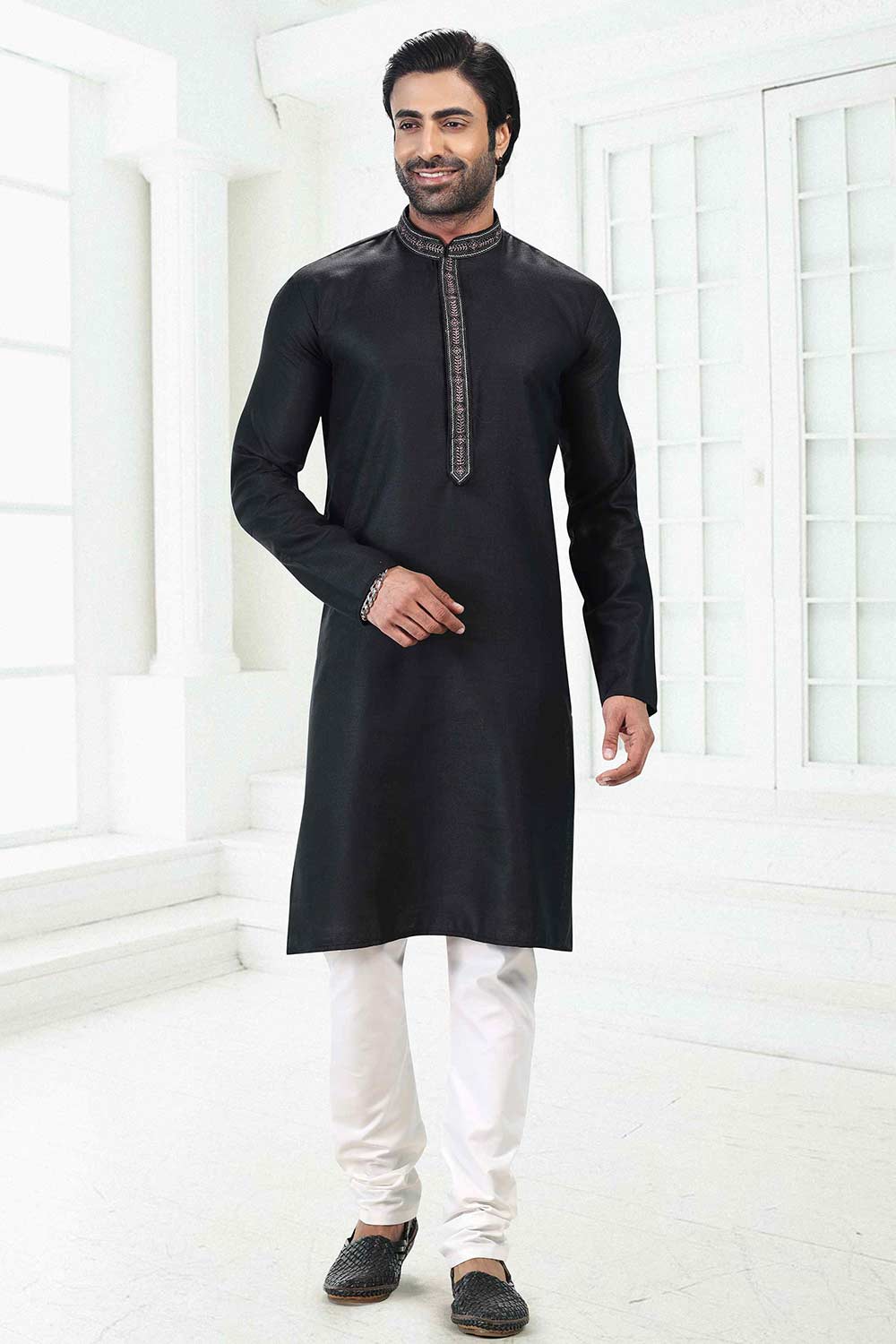 Buy Men's Black Linen Cotton Thread Work Kurta Pajama Set  Online