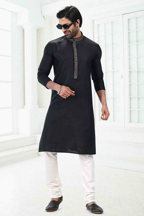 Buy Men's Black Linen Cotton Thread Work Kurta Pajama Set  Online - Back