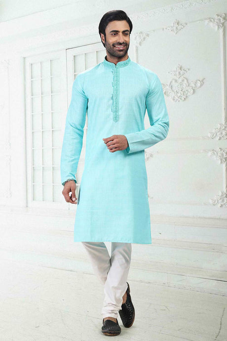 Buy Men's Blue Linen Cotton Thread Work Kurta Pajama Set  Online