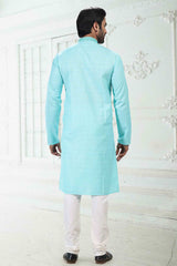 Buy Men's Blue Linen Cotton Thread Work Kurta Pajama Set  Online - Back