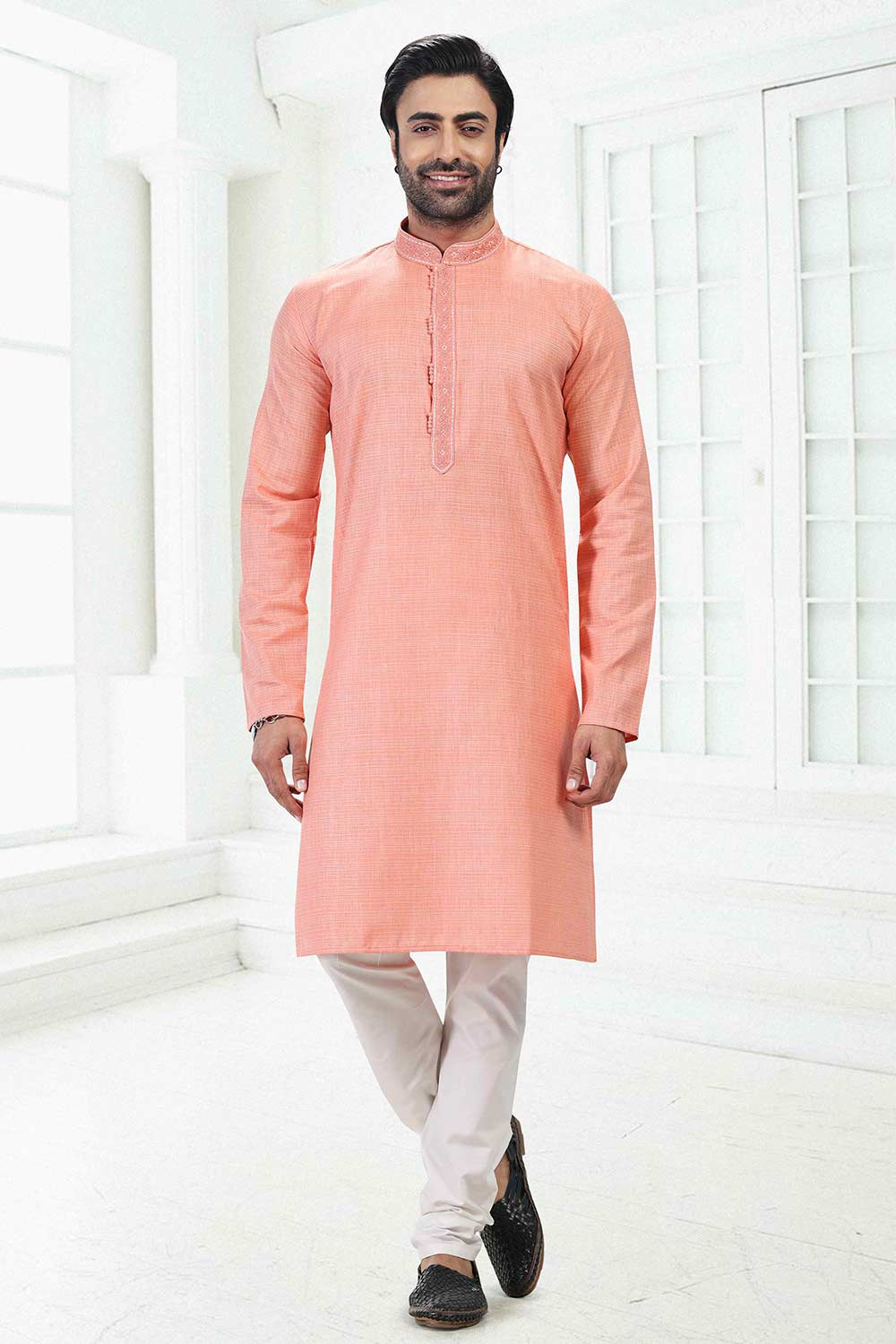 Buy Men's Pink Linen Cotton Thread Work Kurta Pajama Set  Online