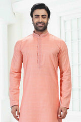 Buy Men's Pink Linen Cotton Thread Work Kurta Pajama Set  Online - Back