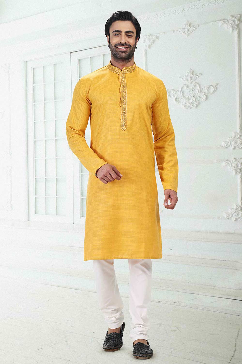 Buy Men's Yellow Linen Cotton Thread Work Kurta Pajama Set  Online