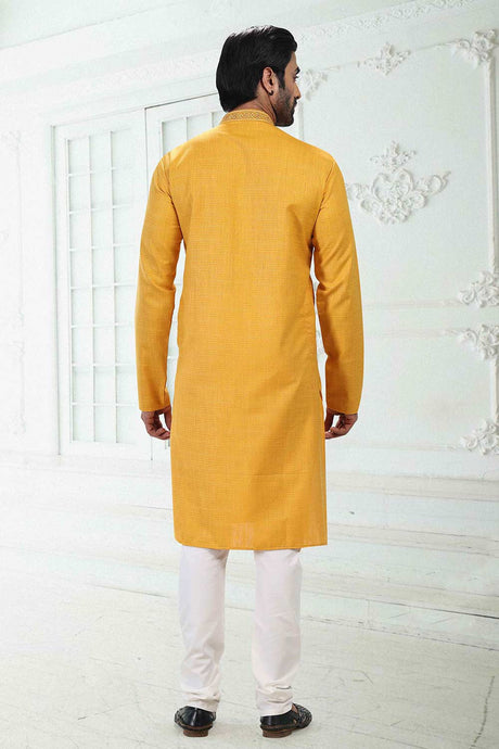 Buy Men's Yellow Linen Cotton Thread Work Kurta Pajama Set  Online - Back