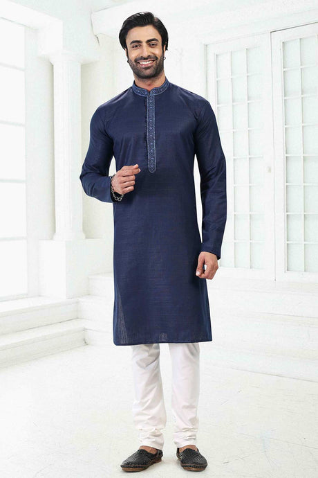 Buy Men's Blue Linen Cotton Thread Work Kurta Pajama Set  Online