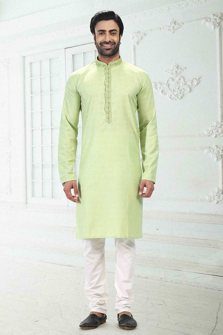 Buy Men's Pista Green Linen Cotton Thread Work Kurta Pajama Set  Online
