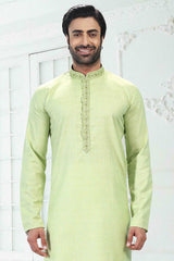 Buy Men's Pista Green Linen Cotton Thread Work Kurta Pajama Set  Online - Back