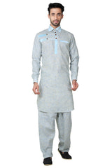 Buy Men's Cotton Linen Solid Pathani Set in Grey 