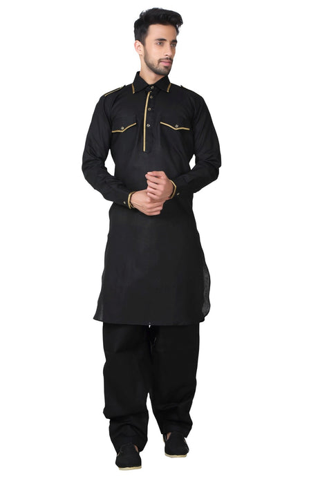 Buy Men's Cotton Linen Solid Pathani Set in Black