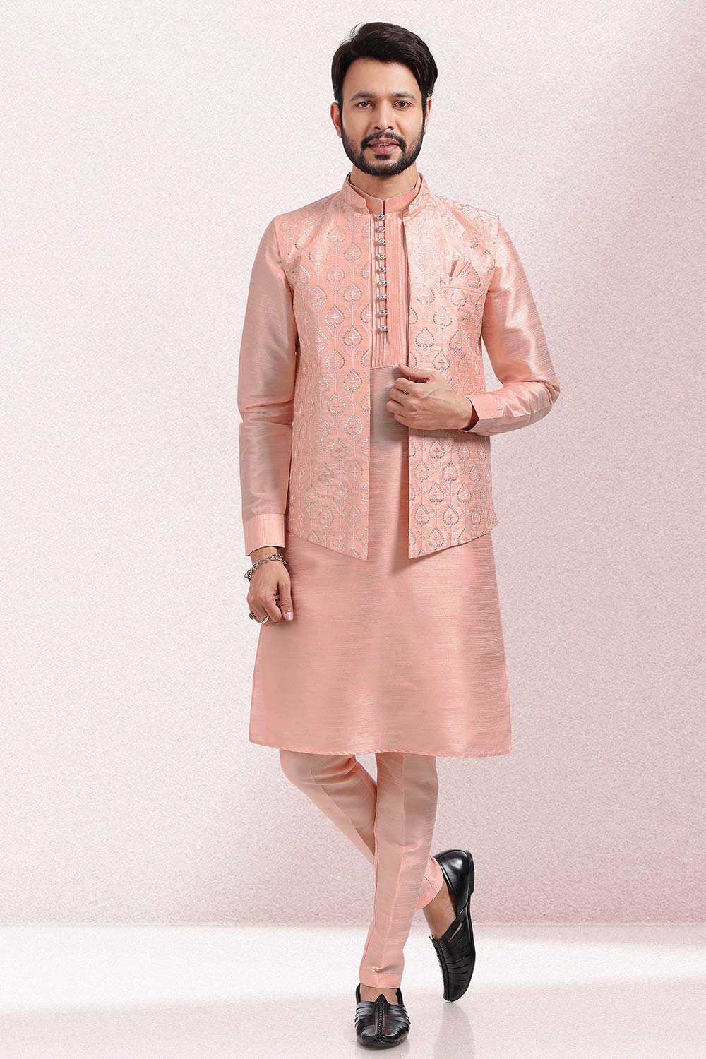 Buy Men's Peach Art Silk Embroidered Kurta Pajama Set  Online