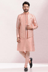 Buy Men's Peach Art Silk Embroidered Kurta Pajama Set  Online