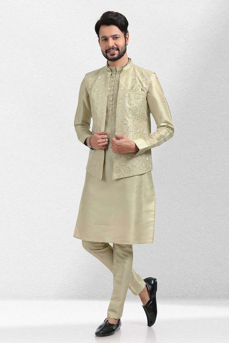 Buy Men's Pista Green Art Silk Embroidered Kurta Pajama Set  Online