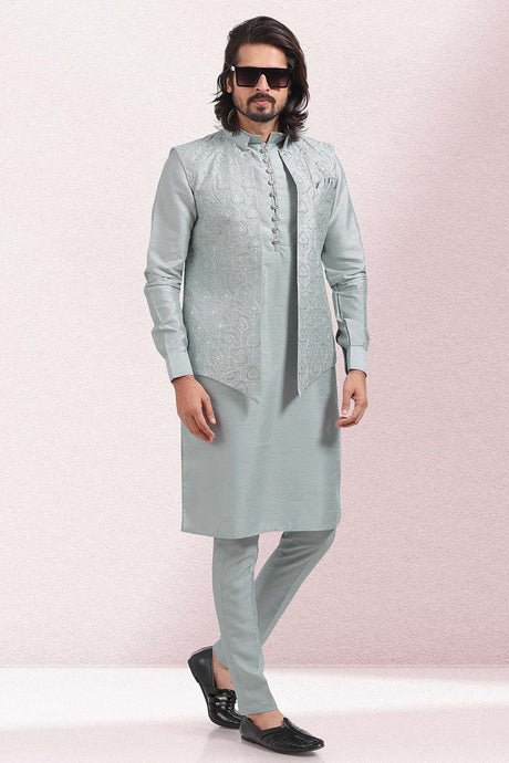 Buy Men's Grey Art Silk Embroidered Kurta Pajama Set  Online - Back