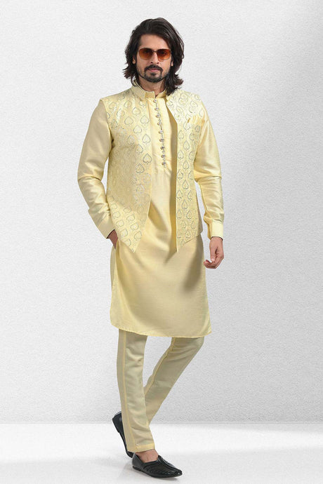 Buy Men's Yellow Art Silk Embroidered Kurta Pajama Set  Online - Back