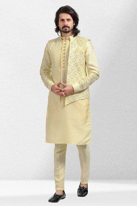 Buy Men's Yellow Art Silk Embroidered Kurta Pajama Set  Online