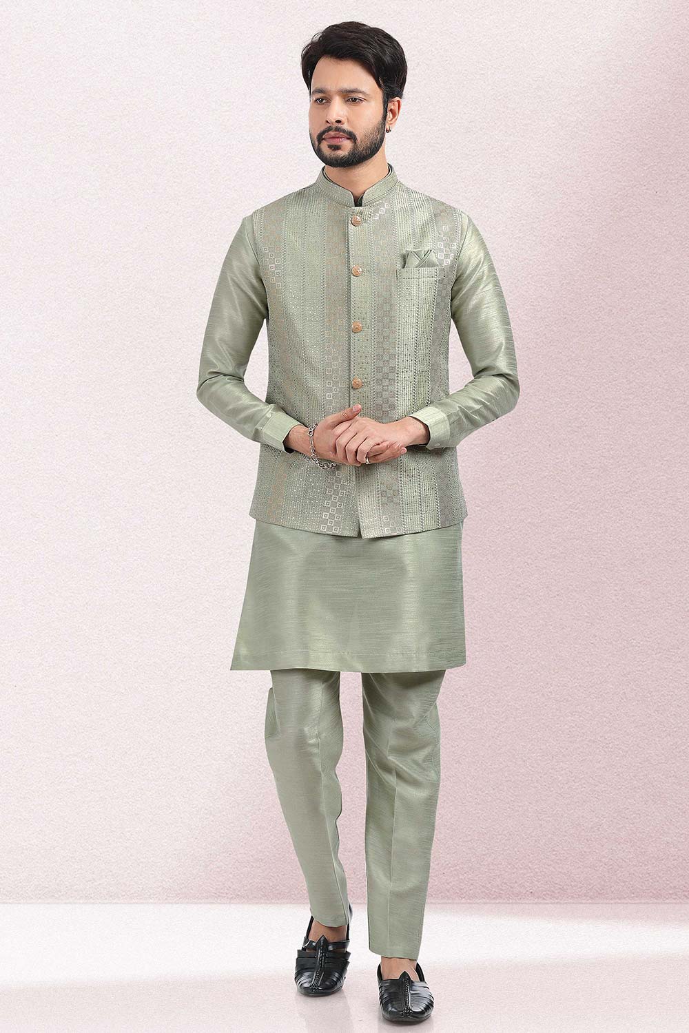 Buy Men's Pista Green Art Silk Embroidered Kurta Pajama Set  Online