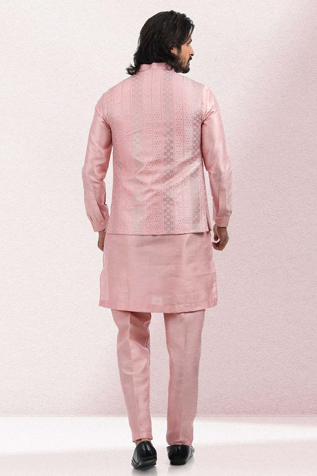 Buy Men's Pink Art Silk Embroidered Kurta Pajama Set  Online - Back