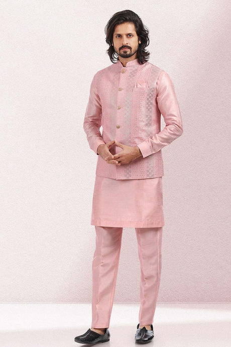 Buy Men's Pink Art Silk Embroidered Kurta Pajama Set  Online