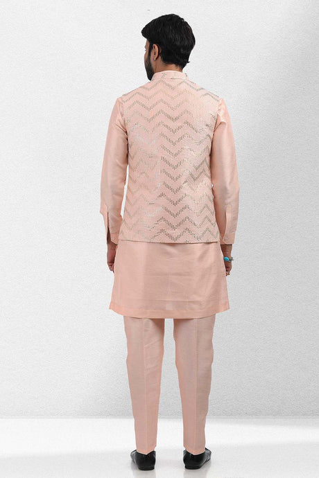 Buy Men's Peach Art Silk Embroidered Kurta Pajama Set  Online - Back