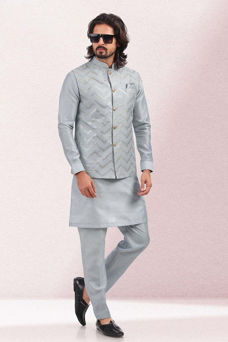 Buy Men's Grey Art Silk Embroidered Kurta Pajama Set  Online - Back