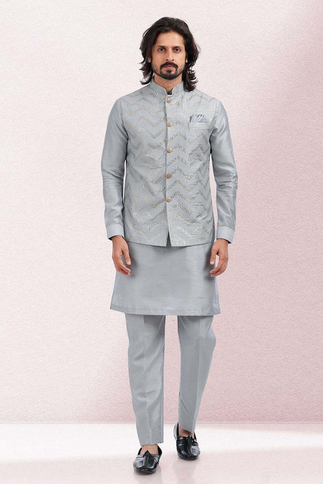 Buy Men's Grey Art Silk Embroidered Kurta Pajama Set  Online